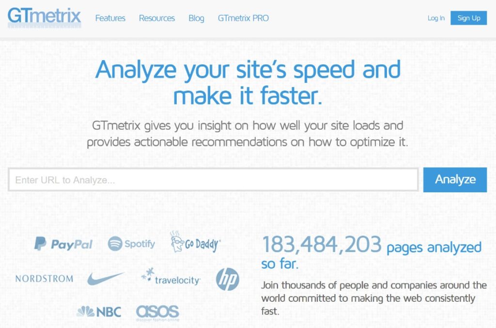 GTmetrix speed test dashboard